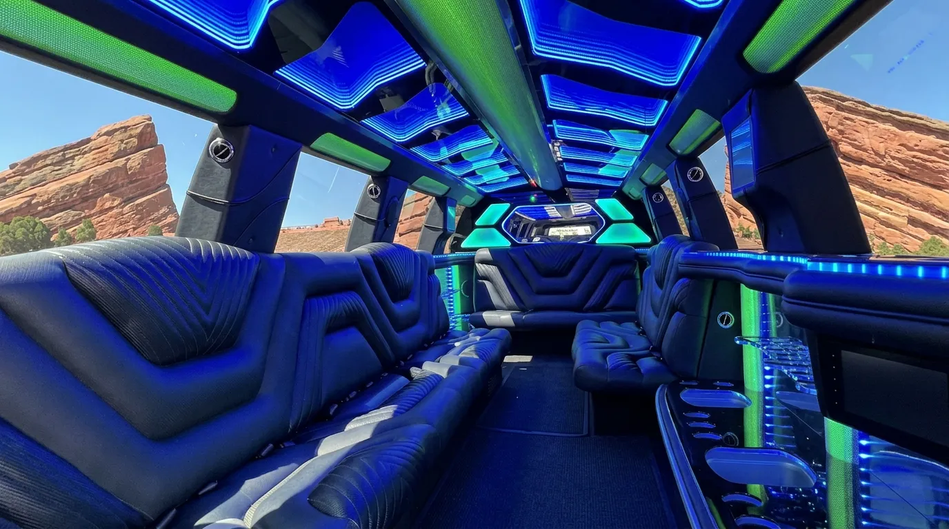 Inside the Chevy Suburban limo in Colorado Springs: LED light-show ceiling, leather lounge seating and lit bar