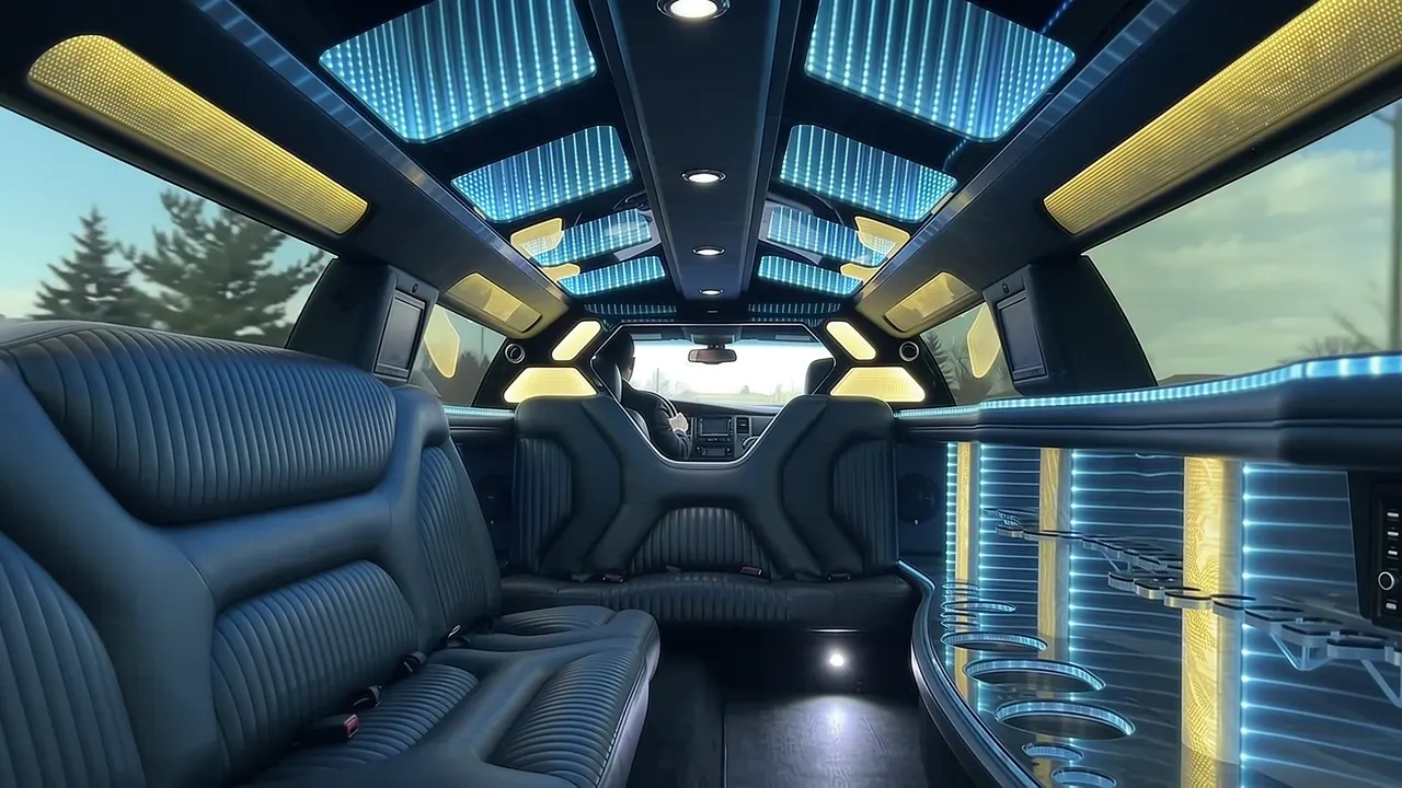 Inside the Dodge Charger limo in Colorado Springs: LED light-show ceiling, leather lounge seating and lit bar